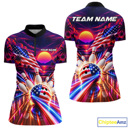 Neon Strikes Bowling Polo Quarter-Zip Shirt For Women Custom US Flag Retro 80S Bowling Team Jersey NYN4908