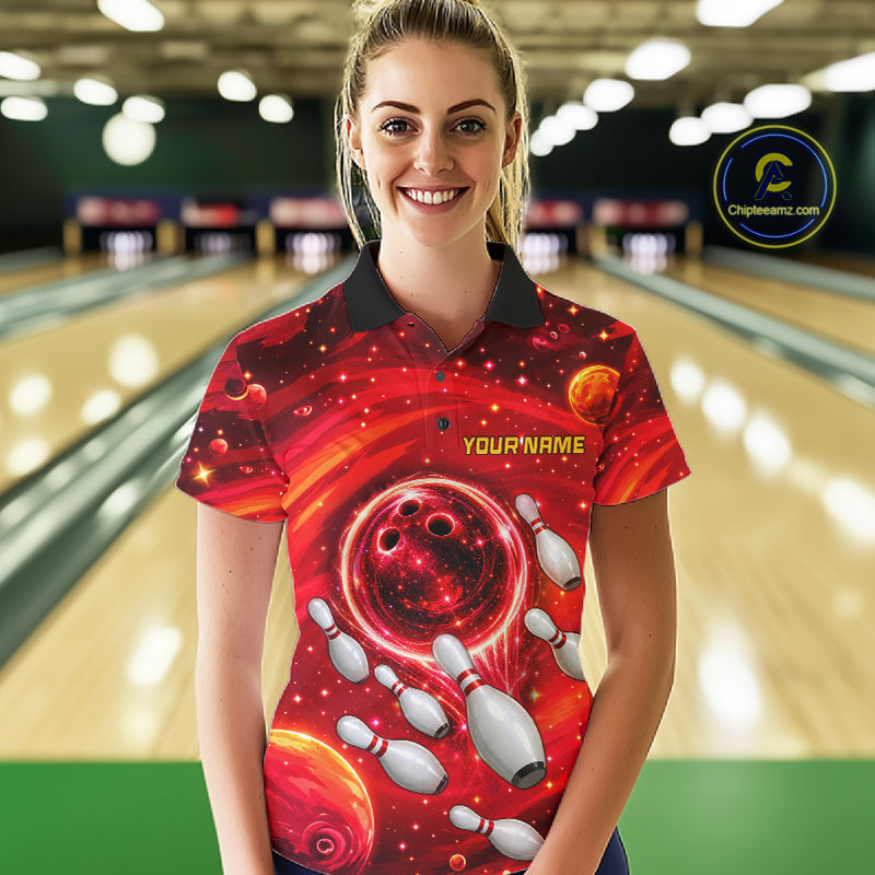 Women Bowling Polo 1/4-Zip Shirts Custom Red Abstract Bowling Team Jerseys, Bowling Gifts NYN4915