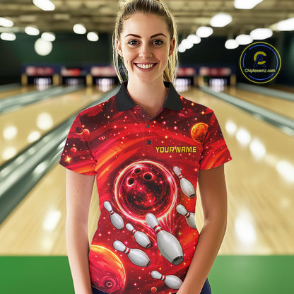 Women Bowling Polo 1/4-Zip Shirts Custom Red Abstract Bowling Team Jerseys, Bowling Gifts NYN4915