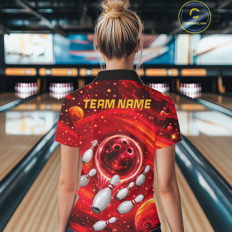 Women Bowling Polo 1/4-Zip Shirts Custom Red Abstract Bowling Team Jerseys, Bowling Gifts NYN4915