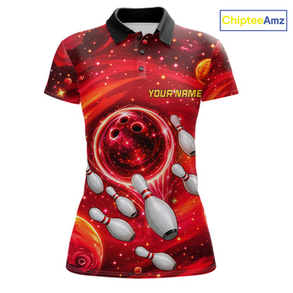 Women Bowling Polo 1/4-Zip Shirts Custom Red Abstract Bowling Team Jerseys, Bowling Gifts NYN4915