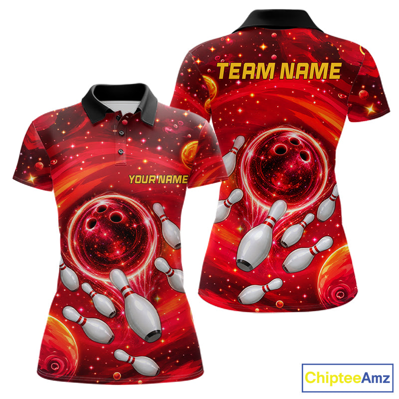 Women Bowling Polo 1/4-Zip Shirts Custom Red Abstract Bowling Team Jerseys, Bowling Gifts NYN4915