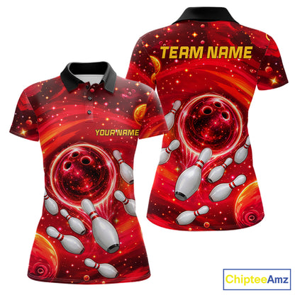 Women Bowling Polo 1/4-Zip Shirts Custom Red Abstract Bowling Team Jerseys, Bowling Gifts NYN4915