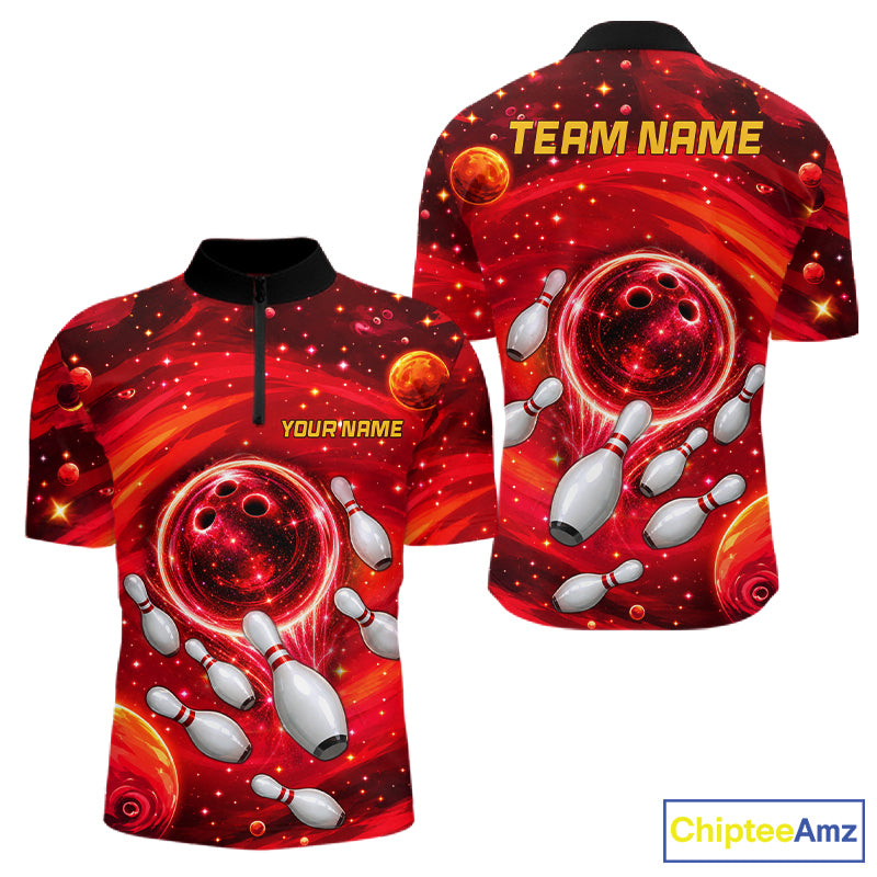 Mens Bowling Polo 1/4-Zip Shirts Custom Red Abstract Bowling Team Jerseys, Bowling Gifts NYN4915