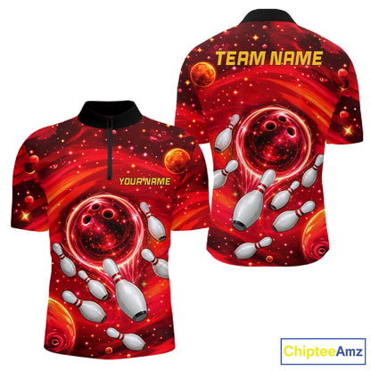 Mens Bowling Polo 1/4-Zip Shirts Custom Red Abstract Bowling Team Jerseys, Bowling Gifts NYN4915