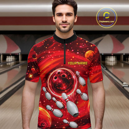 Mens Bowling Polo 1/4-Zip Shirts Custom Red Abstract Bowling Team Jerseys, Bowling Gifts NYN4915