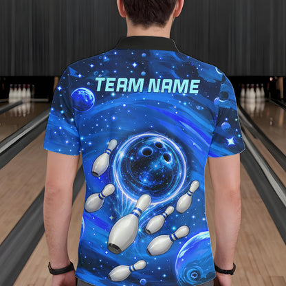 Mens Bowling Polo 1/4-Zip Shirts Custom Blue Abstract Bowling Team Jerseys, Bowling Gifts NYN4916