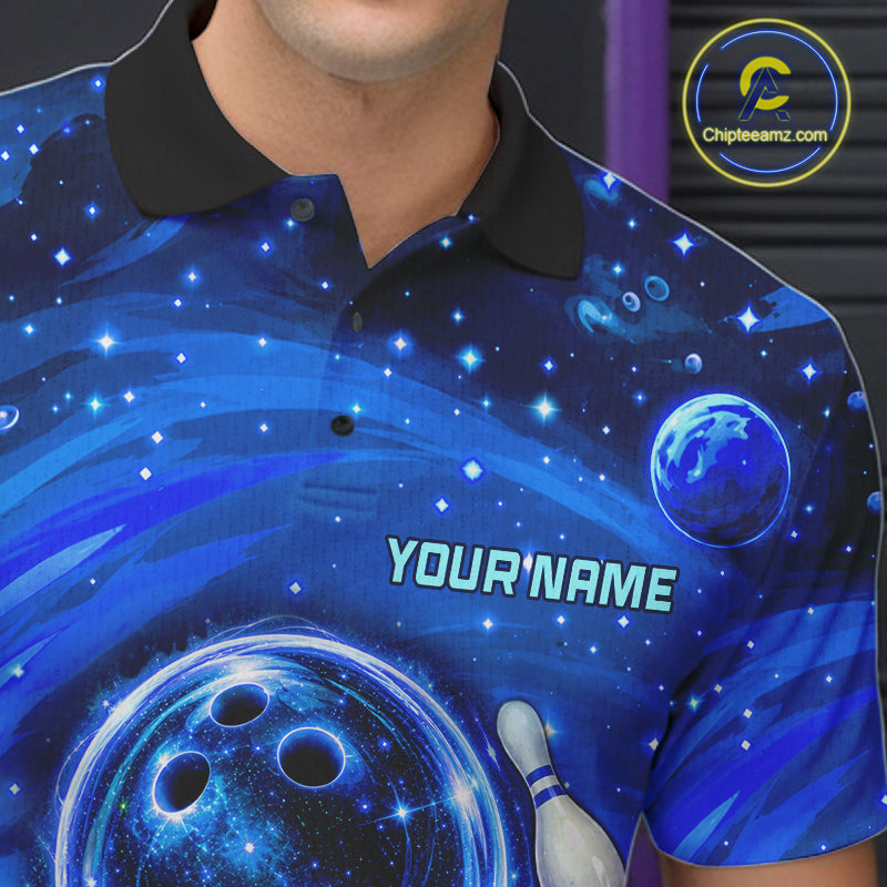 Mens Bowling Polo 1/4-Zip Shirts Custom Blue Abstract Bowling Team Jerseys, Bowling Gifts NYN4916