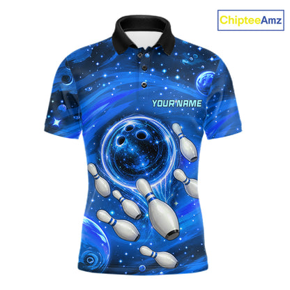 Mens Bowling Polo 1/4-Zip Shirts Custom Blue Abstract Bowling Team Jerseys, Bowling Gifts NYN4916
