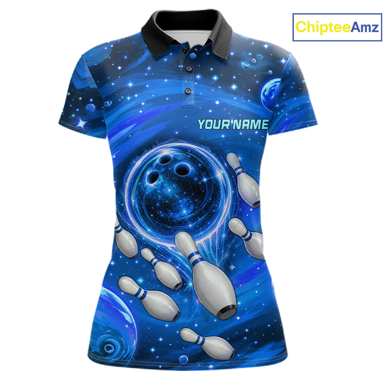 Women Bowling Polo 1/4-Zip Shirts Custom Blue Abstract Bowling Team Jerseys, Bowling Gifts NYN4916