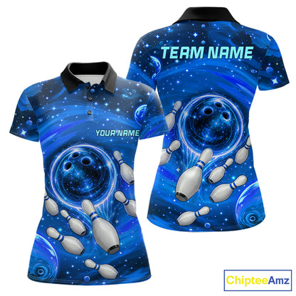 Women Bowling Polo 1/4-Zip Shirts Custom Blue Abstract Bowling Team Jerseys, Bowling Gifts NYN4916