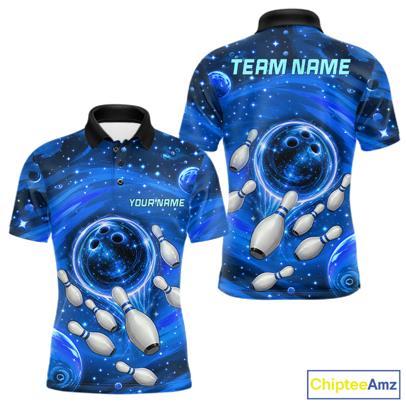 Mens Bowling Polo 1/4-Zip Shirts Custom Blue Abstract Bowling Team Jerseys, Bowling Gifts NYN4916