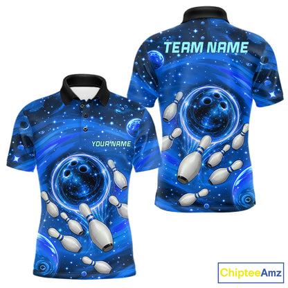 Mens Bowling Polo 1/4-Zip Shirts Custom Blue Abstract Bowling Team Jerseys, Bowling Gifts NYN4916