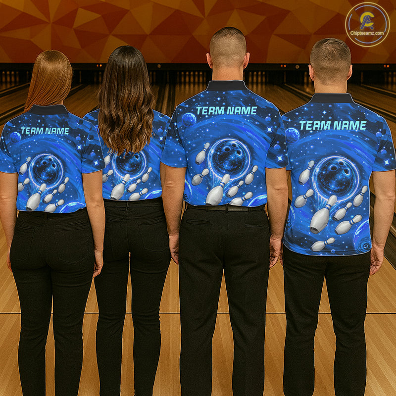 Mens Bowling Polo 1/4-Zip Shirts Custom Blue Abstract Bowling Team Jerseys, Bowling Gifts NYN4916