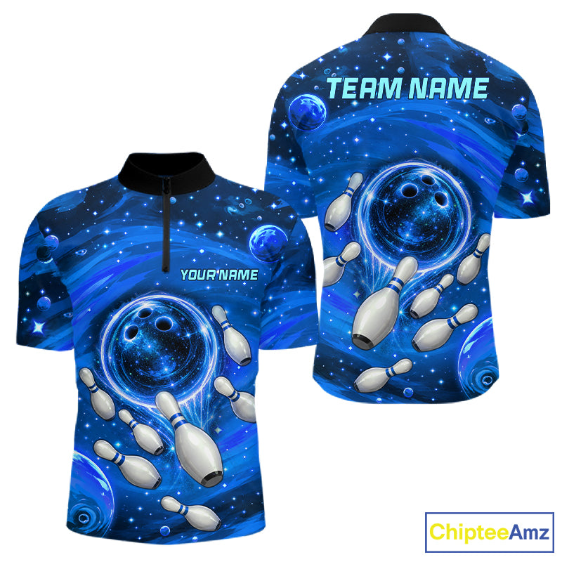Mens Bowling Polo 1/4-Zip Shirts Custom Blue Abstract Bowling Team Jerseys, Bowling Gifts NYN4916