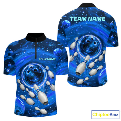 Mens Bowling Polo 1/4-Zip Shirts Custom Blue Abstract Bowling Team Jerseys, Bowling Gifts NYN4916