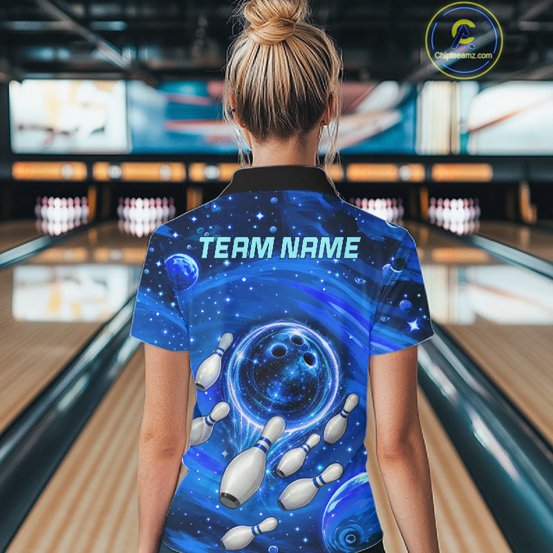 Women Bowling Polo 1/4-Zip Shirts Custom Blue Abstract Bowling Team Jerseys, Bowling Gifts NYN4916