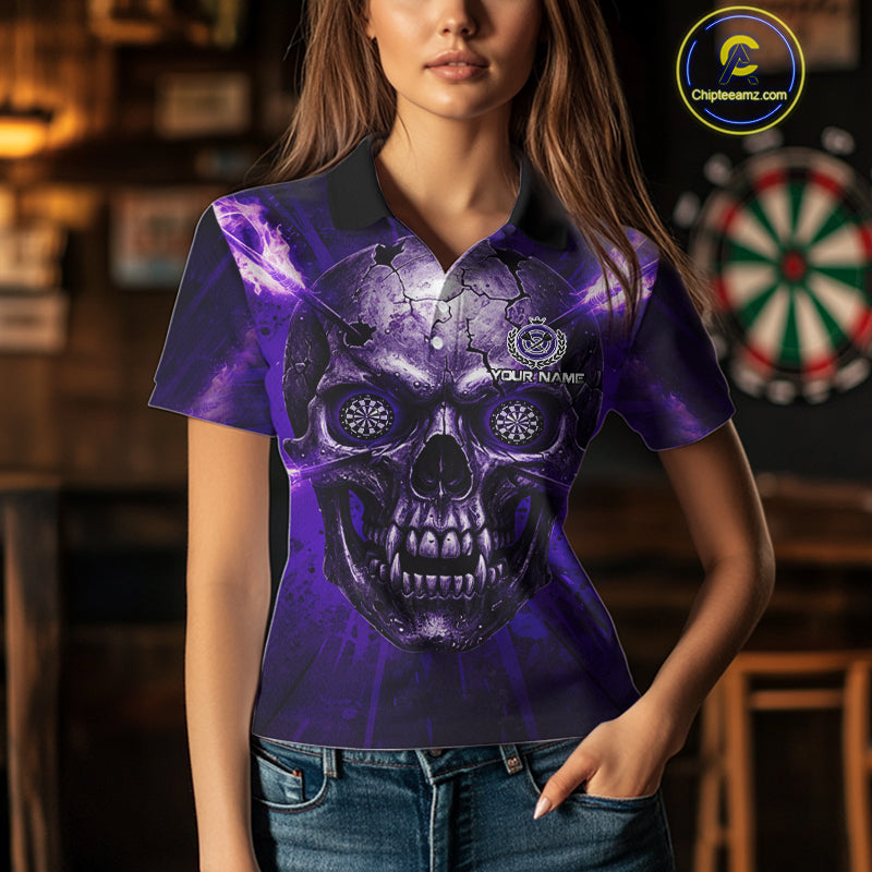 Custom Purple Flames Dart Arrow Cracked Skull Women Darts Polo Shirt Grunge Dart Gifts NYN1990