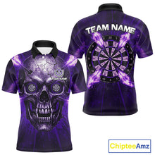 Load image into Gallery viewer, Custom Purple Flames Dart Arrow Cracked Skull Men Darts Polo Shirt Grunge Dart Gifts NYN1990