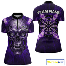 Load image into Gallery viewer, Custom Purple Flames Dart Arrow Cracked Skull Women Darts Quarter-Zip Shirt Grunge Dart Gifts NYN1990