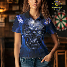 Load image into Gallery viewer, Custom Blue Flames Dart Arrow Cracked Skull Women Darts Polo Shirt Grunge Dart Gifts NYN1991