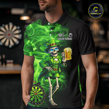 Funny Skeleton St Patrick's Day Men Darts Polo Shirt Custom Flame Shamrock Darts Team Jersey NYN2529