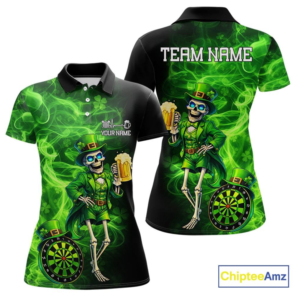 Funny Skeleton St Patrick's Day Women  Darts Polo Shirt Custom Flame Shamrock Darts Team Jersey NYN2529
