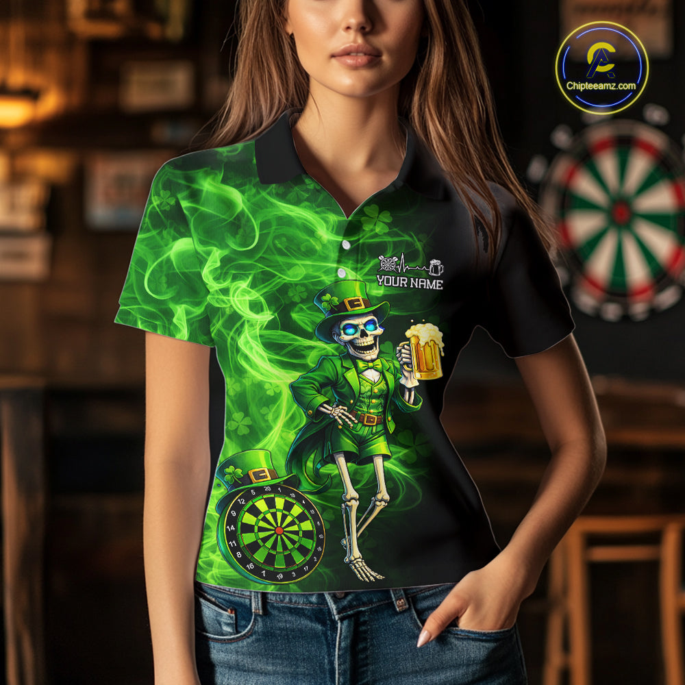 Funny Skeleton St Patrick's Day Women  Darts Polo Shirt Custom Flame Shamrock Darts Team Jersey NYN2529
