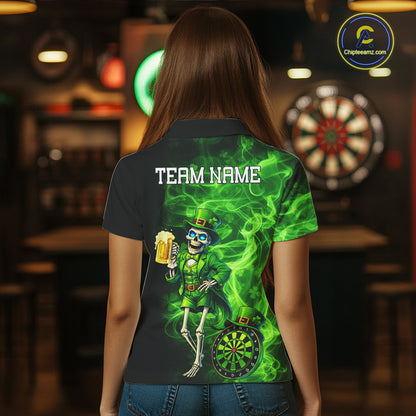 Funny Skeleton St Patrick's Day Women  Darts Polo Shirt Custom Flame Shamrock Darts Team Jersey NYN2529