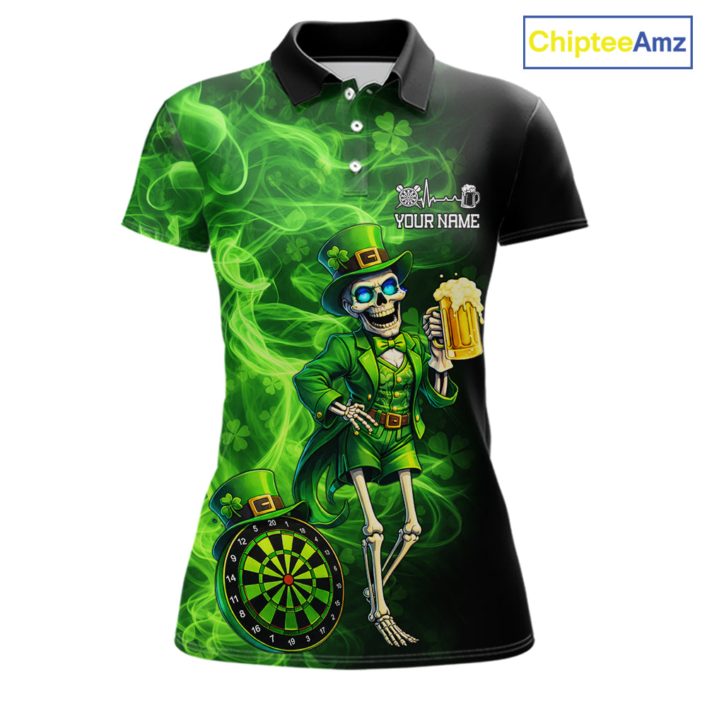 Funny Skeleton St Patrick's Day Women  Darts Polo Shirt Custom Flame Shamrock Darts Team Jersey NYN2529