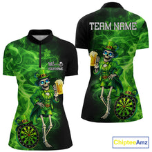Load image into Gallery viewer, Funny Skeleton St Patrick's Day Women Darts Quarter-Zip Shirt Custom Flame Shamrock Darts Team Jersey NYN2529