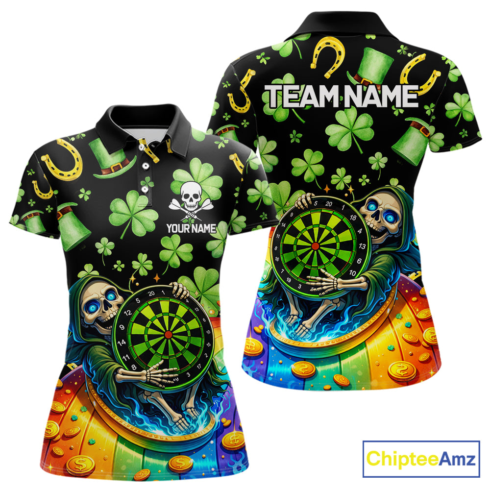 Rainbow Funny Skeleton Green Dartboard Women Darts Polo Shirt Custom St Patrick's Day Darts Jersey NYN2533