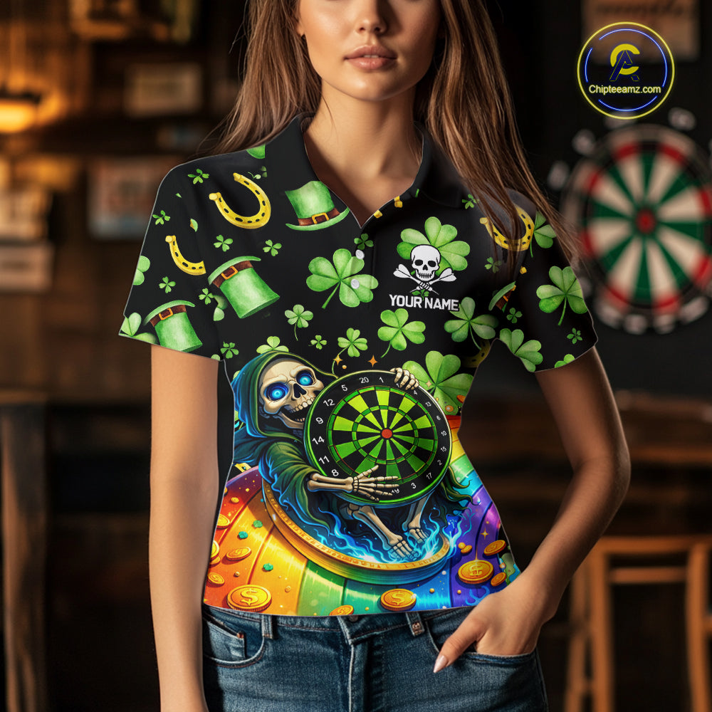 Rainbow Funny Skeleton Green Dartboard Women Darts Polo Shirt Custom St Patrick's Day Darts Jersey NYN2533
