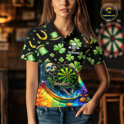 Rainbow Funny Skeleton Green Dartboard Women Darts Polo Shirt Custom St Patrick's Day Darts Jersey NYN2533