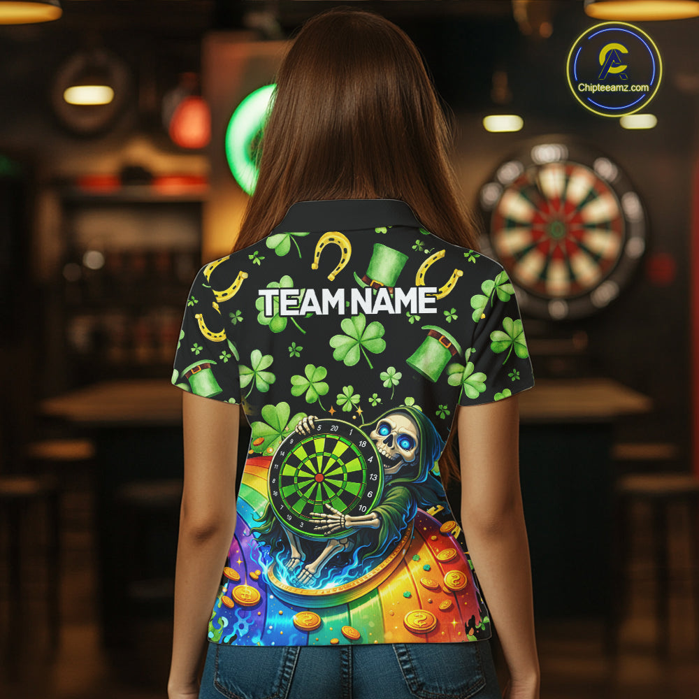 Rainbow Funny Skeleton Green Dartboard Women Darts Polo Shirt Custom St Patrick's Day Darts Jersey NYN2533