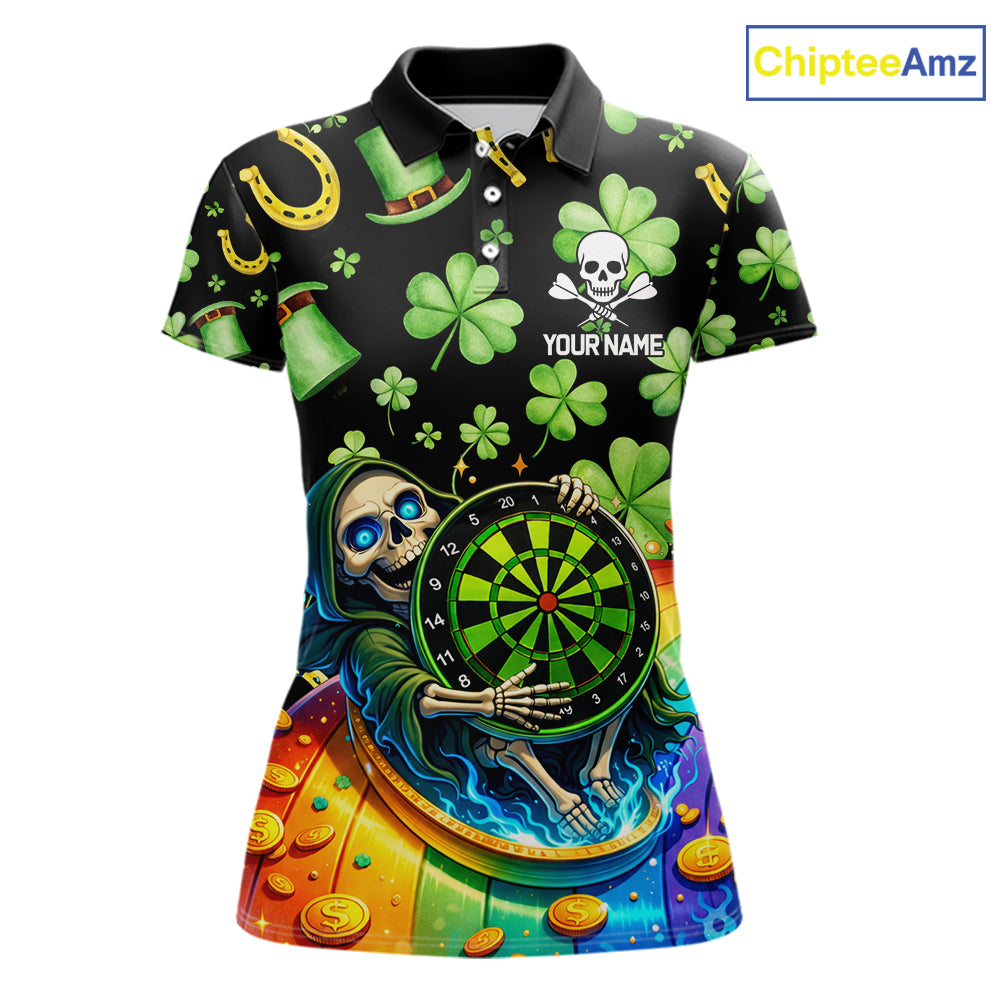 Rainbow Funny Skeleton Green Dartboard Women Darts Polo Shirt Custom St Patrick's Day Darts Jersey NYN2533