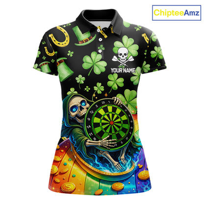 Rainbow Funny Skeleton Green Dartboard Women Darts Polo Shirt Custom St Patrick's Day Darts Jersey NYN2533