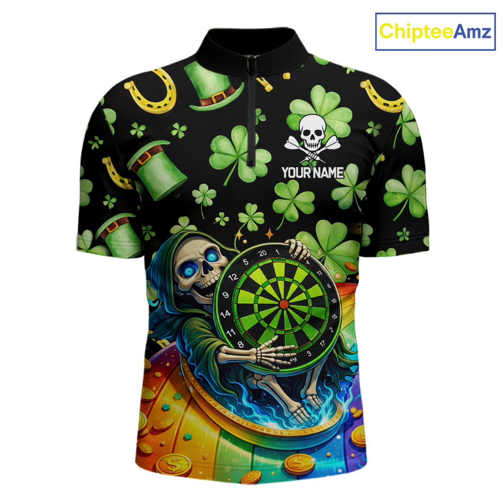 Rainbow Funny Skeleton Green Dartboard Men Darts Quarter-Zip Shirt Custom St Patrick's Day Darts Jersey NYN2533