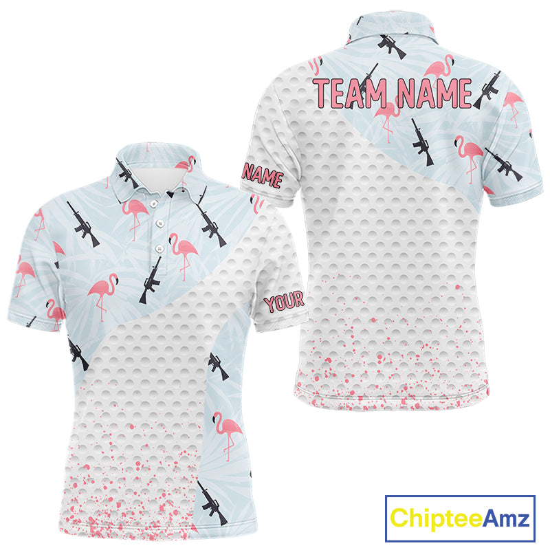 Funny Rifle & Flamingo Polo Shirt Mens Golf Polo Shirts Custom White Ball Pattern Golf Clothes NYN2877