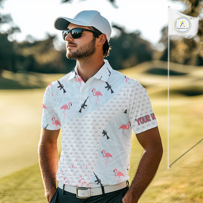 Funny Rifle & Flamingo Polo Shirt Mens Golf Polo Shirts Custom White Ball Pattern Golf Clothes NYN2877