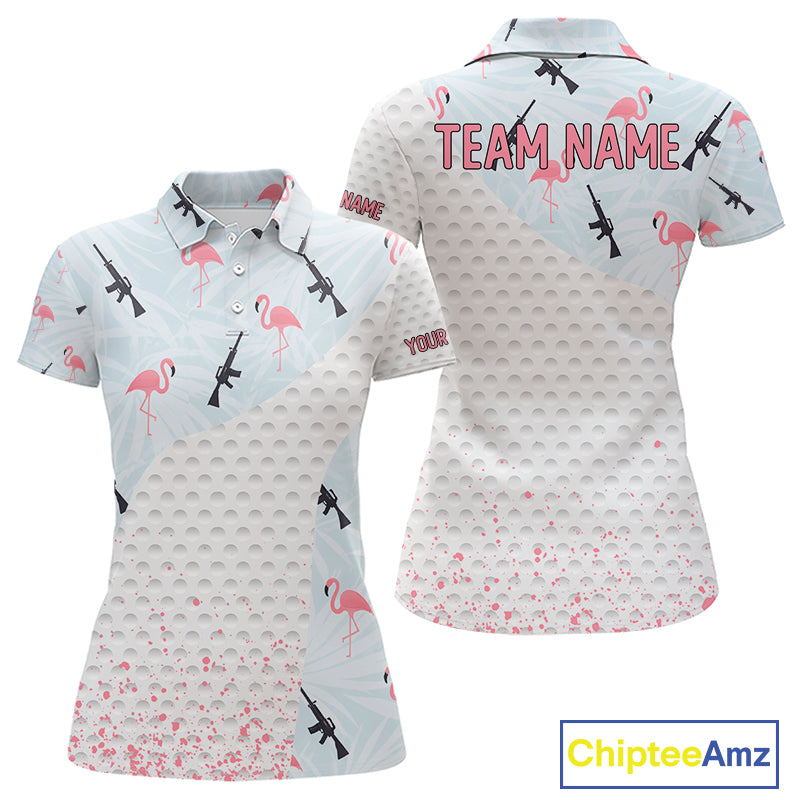 Funny Rifle & Flamingo Polo Shirt Womens Golf Polo Shirts Custom White Ball Pattern Golf Clothes NYN2877