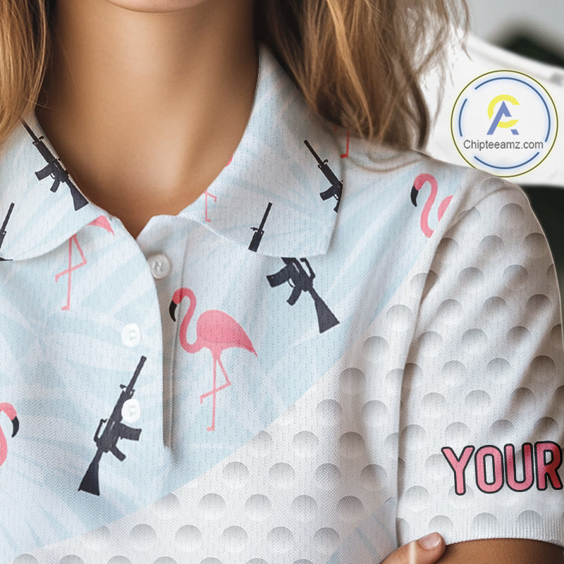Funny Rifle & Flamingo Polo Shirt Womens Golf Polo Shirts Custom White Ball Pattern Golf Clothes NYN2877