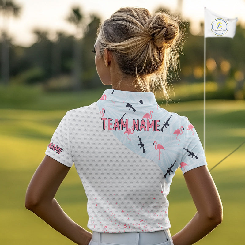 Funny Rifle & Flamingo Polo Shirt Womens Golf Polo Shirts Custom White Ball Pattern Golf Clothes NYN2877