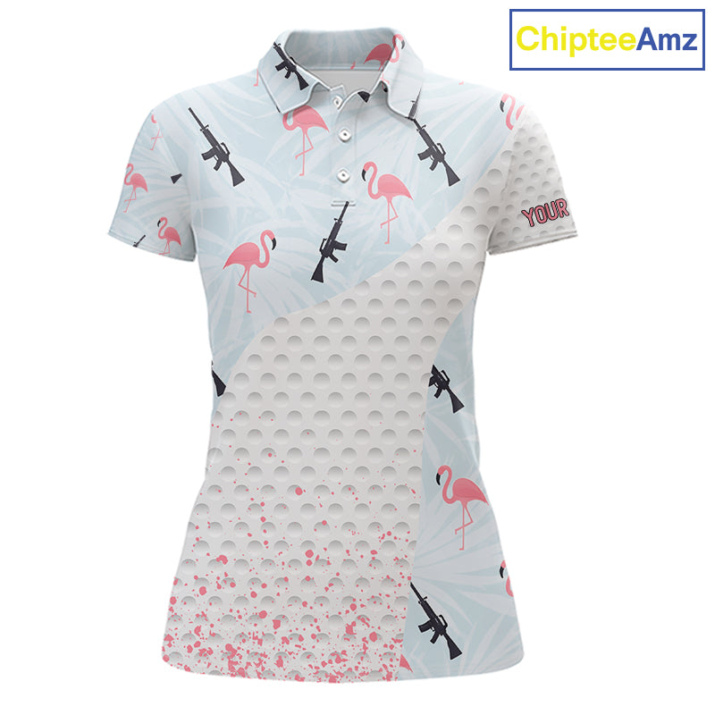 Funny Rifle & Flamingo Polo Shirt Womens Golf Polo Shirts Custom White Ball Pattern Golf Clothes NYN2877