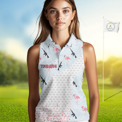 Funny Rifle & Flamingo Sleeveless Polo Shirt Womens Golf Polo Shirts Custom White Ball Golf Clothes NYN2877