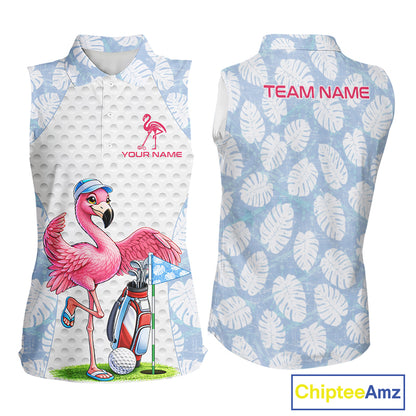 Custom Blue Tropical Monstera Funny Flamingo Matching Womens Golf Sleeveless Polo Shirts Team Golf Clothes NYN2881