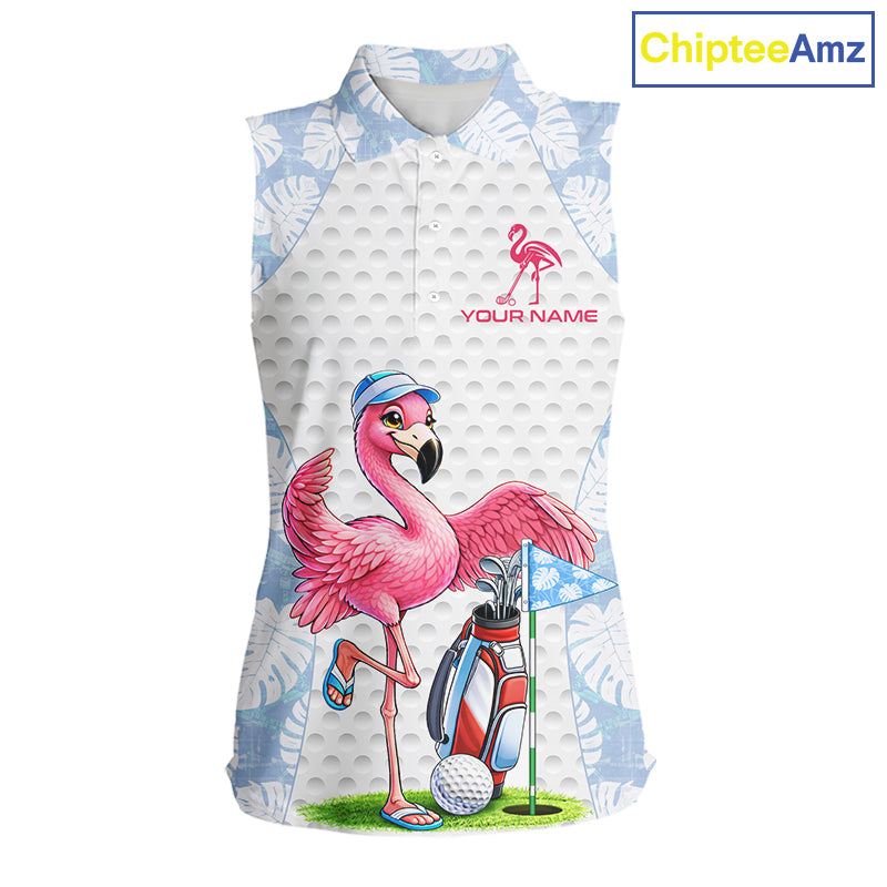 Custom Blue Tropical Monstera Funny Flamingo Matching Womens Golf Sleeveless Polo Shirts Team Golf Clothes NYN2881