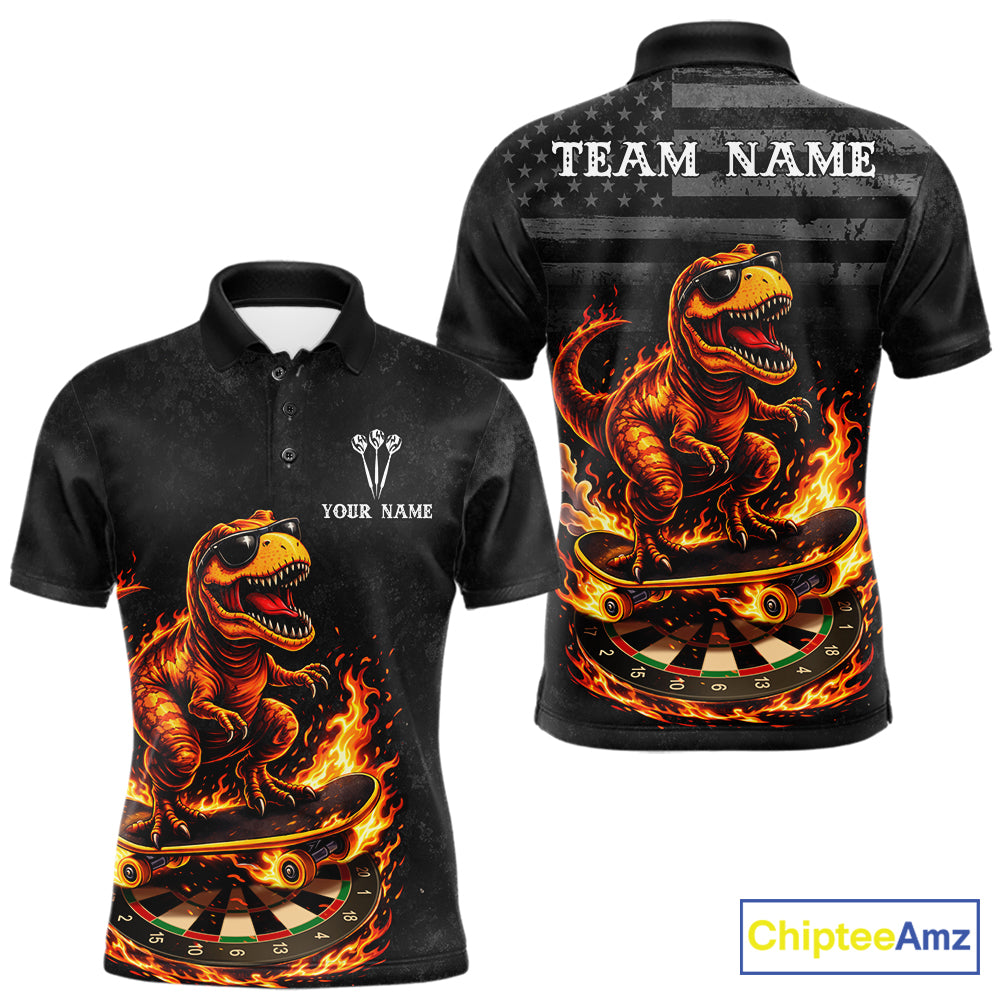 Custom Grunge Flame Dinosaur Darts Shirt Polo & 1/4 Zip Darts Jersey For Men US Flag Dart Outfit NYN2884