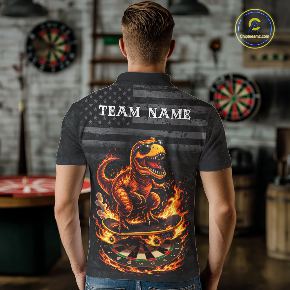 Custom Grunge Flame Dinosaur Darts Shirt Polo & 1/4 Zip Darts Jersey For Men US Flag Dart Outfit NYN2884