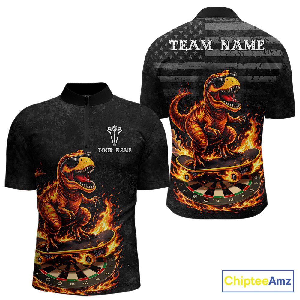 Custom Grunge Flame Dinosaur Darts Shirt Polo & 1/4 Zip Darts Jersey For Men US Flag Dart Outfit NYN2884